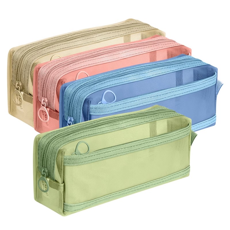 Simple Pencil Pouch Pen Bag Double Layer Mesh Case Clear Back to School Supplies